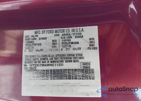 1998 Ford F-150 Lariat/Standard/Xl/Xlt from USA, damaged, VIN 1FTZX17W6WNC11251